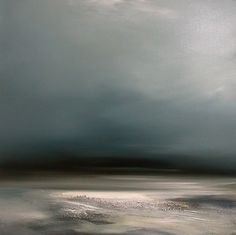 an abstract painting with white and grey colors on the water, dark clouds in the background