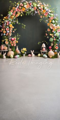 an arch decorated with fake flowers and easter eggs is the focal point for this photo