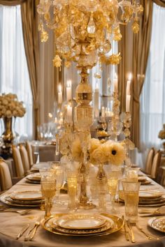 Elegant dining table set with gold-themed decor, candles, crystal glasses, and a grand centerpiece. Dining Table Decorations For Home, Table Decorations For Home, Dining Table Decorations, Modern Centerpieces, Candle Arrangements, Pantry Shelving, Table Decor Ideas