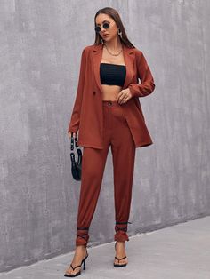 Women Suits, Hem Pants, How To Hem Pants, Birthday Photoshoot, Suits For Women, Rust, Trousers, Lace Up, Blazer