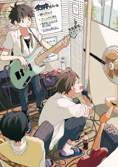 two young men playing guitars in front of a fan and other people sitting on the floor