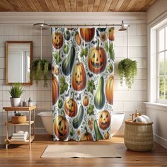 a shower curtain with pumpkins and squash on it in a bathroom next to a bathtub