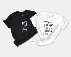 Future Mrs and Mr Shirt with Custom Last Name / Engagement Gift for Couple, Bride To Be, Groom To Be. Our T-Shirts are printed with Flex heat transfer technique which results with high quality performance such as print stretch without crushes and effective retained color that does not fade. Designs are printed on quality and soft T-Shirts. *Sleeves on pictures is rolled up for style example, they are not stitched! They can easily be rolled or relaxed in the way you like. Fabric composition for i Engagement Tshirts Couple, Engagement Shirts Couple, Engagement Tshirt, Engaged Announcement, Engagement Party Outfit, Party Outfit Ideas, Engaged Shirts, Fade Designs, Engagement Gifts For Couples