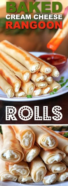 two plates filled with rolls and some dipping sauce on top of each other in front of the words baked cream cheese rangoon rolls