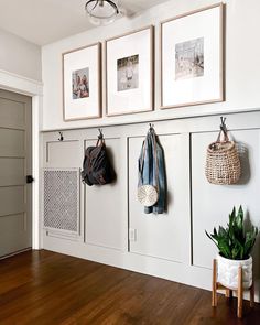 three framed pictures hang on the wall next to a coat rack and potted plant