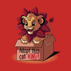 a cartoon cat sitting in a cardboard box with leaves on it's head and the caption adopt this cat king