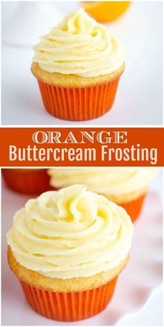 orange buttercream frosting on top of cupcakes