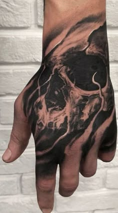 a man's hand with a skull tattoo on it