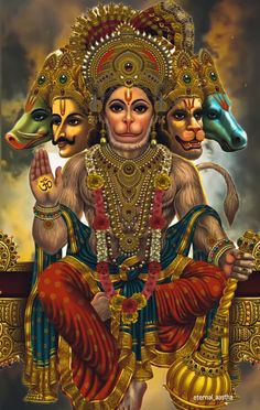 the hindu god sitting on top of a golden throne with two rams in his hands