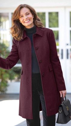 Maroon Coat, Evening Dress Outfit, Cocktail Party Fashion, Long Coat Jacket, Coat Women Fashion, Classy Work Outfits, Plus Dresses, Outerwear Women, Long Coat