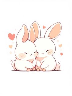 two rabbits hugging each other with hearts in the background