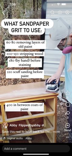 a girl sanding up an old table with a sandpaper grinder on it