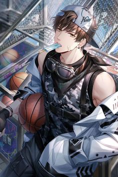 an anime character is holding a basketball in his hand and looking at the camera while wearing goggles