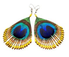 PRICES MAY VARY. Rich and intense tones of blues, greens, pinks and gold swirl throughout these beautiful hand beaded Peacock Feathers Earrings for women. These lustrous Peacock Earrings are the perfect accent to accompany your Feather Earrings jewelry collection. Earrings Material: Peacock feather Earrings Size : 2.4 x 2.0 inch (60mm x 50mm) Earrings Length (with Hook) : 3.0 inch (80mm) Hook Style: French hooks Rich and intense tones of blues, greens, pinks and gold swirl throughout these beaut Feathers Earrings, Beaded Peacock, Peacock Feather Earrings, Golden Beads, Peacock Earrings, Color Beads, Peacock Feathers, Peacock Feather, Feather Earrings