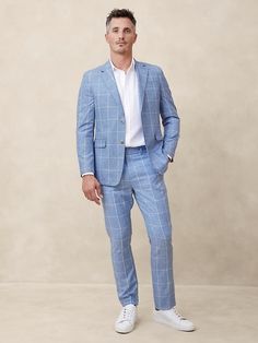 Tailored-Fit Windowpane Suit Trouser | Banana Republic Factory Fun Suits Men, Mens Summer Cocktail Attire, Beach Formal Men, Blue Wedding Guest Outfits, Checkered Pants Outfit, Summer Cocktail Attire, Wedding Guest Outfit Men, Welcome Cocktail, Prep Outfits