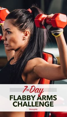 a woman holding two dumbs with the words, 7 - day flap arms challenge