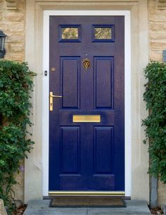 a blue front door with two planters on either side