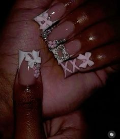 Pink Nail Designs Homecoming, Dramatic Nails Acrylic, Red Nail Inspo Acrylic, Nails Kaws, Chrome Hearts Nails, Girly Acrylic, Acrylic Nail Set, Hard Nails, 2024 Year