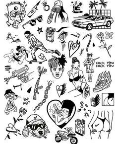 various tattoo designs on white paper with black ink, including an image of a man and woman