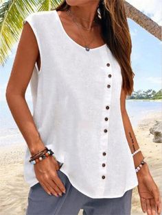 White Casual Round Neck Soild Sleeveless Blouse Womens Tank Tops Summer, Robes Vintage, Linen Tank Top, Women Bodycon Dress, Linen Tank, Vintage T Shirts, Linen Casual, Sleeveless Pullover, Mini Robes