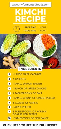 the ingredients for kimchi recipe are shown in yellow and white, including carrots, cabbage