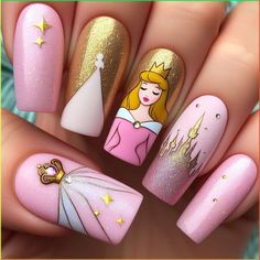 Nail Designs For Florida, Princess Inspired Nails, Disney Theme Nails, Disney Princess Nail Art, Princess Nail Designs, Disney Princess Nail, Ink Nails, Cinderella Nails, Princess Nail Art