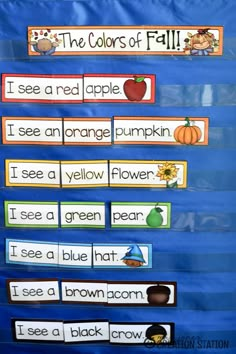 the colors of fall bulletin board is shown with words and pictures for each word in it