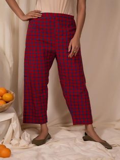 Red blue check A-Line tunic and pants come in Set of 2 100% Cotton Fabric Block printed check cotton fabric A-line, Comfortable Fit Front buttons and pockets Pencil pants, elasticated waist, comfortable hip Measurements: Tunic - S - Shoulder-14.5”, Bust-36”, Waist-33” M - Shoulder-15”, Bust-38”, Waist-35” L - Shoulder-15”, Bust-40”, Waist-37” XL - Shoulder-15.5”, Bust-42”, Waist-39” XXL - Shoulder-16”, Bust-44”, Waist-41” Length - 46" Pants - S- Waist 28"(elasticated), Hip- 40" M- Waist 30"(elas Gingham Cotton Pants, Plaid Cotton Bottoms With Elastic Waistband, Cotton Gingham Pants For Fall, Gingham Cotton Pants For Fall, Relaxed Fit Cotton Plaid Pants, Fall Gingham Cotton Pants, Cotton Plaid Pants For Workwear, Gingham Cotton Bottoms For Fall, Plaid Cotton Pants For Work