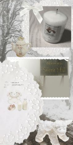 a collage of photos with teddy bears in the snow and candles on top of them