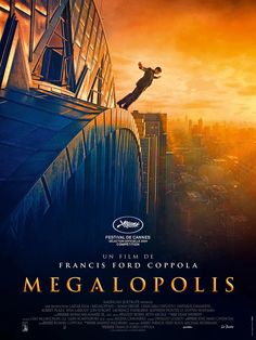 a movie poster for the film megalopois with an image of a man jumping from a high building