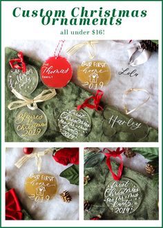 christmas ornaments with the words custom christmas ornaments all under $ 10, and an ornament