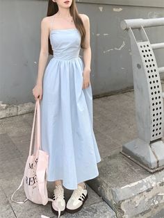 Olivia Mark - Navy Blue Halter-neck Dress with Waist Tie and Back Cut-out Detail Light Blue Dress Outfit, Light Blue Summer Dress, Blue Dress Outfits, Blue Summer Dresses, Light Blue Dresses, Tie Waist Dress, Halterneck Dress, Blue Outfit, Light Blue Color