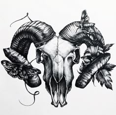 an ink drawing of a ram skull surrounded by butterflies