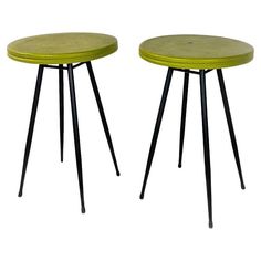 Italian Mid-Century Modern pair of black and acid green metal bar tables, 1950s. Pair of bar tables with round acid green painted metal top and black metal legs. Coming from a famous Turin nightclub from the 1950s. Good condition, small signs of aging. Measurements in cm 50x73h Purchasable in the same model but also in other colours, perfect all together in a vintage-style venue. If you are interested in this product or need photos or additional information, we are available to respond any quest Table Haute Bar, 1920s Bar Table & Stools, Bar Tables, Italian Mid Century Modern, Green Metal, Small Signs, Painted Metal, Metal Bar, Table Bar