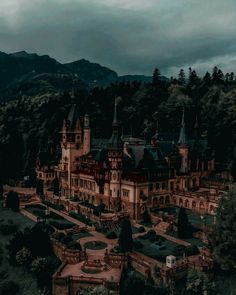 an aerial view of a castle in the middle of trees and mountains with dark clouds