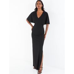 Effortlessly chic and stylish, our Black Scuba Crepe V Neck Batwing Maxi Dress is a must-have for your wardrobe. The batwing sleeves add a touch of drama, while the V-neckline and flowing silhouette create a flattering look. Perfect for both daytime and evening events. Get ready to make a statement! Midi Dress Bridesmaid, Batwing Sleeve Dress, Midi Bridesmaid Dress, Dress Bridesmaid, Fashion Hacks Clothes, Black Maxi, Midi Maxi Dress, Crepe Fabric, Batwing Sleeve