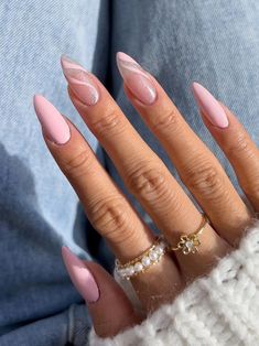 barbie pink nails: pale pink nails with swirls Ongles Rose Pastel, Classy Simple Nails, Light Pink Nail Designs, Almond Nails Pink, Barbie Pink Nails, Pastel Pink Nails, Pale Pink Nails, Sheer Nails