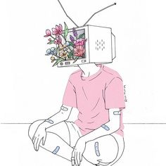 a drawing of a person sitting on the ground with a flower in their head and an electronic device over their head