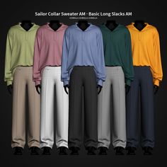 an assortment of long - sleeved sweaters and slacks are shown in multiple colors