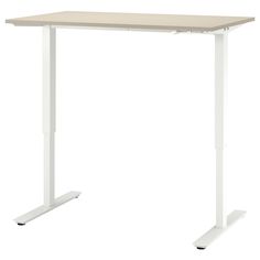 a white desk with a wooden top and metal legs on an isolated white background, viewed from the front