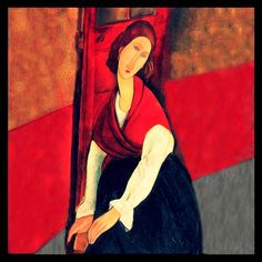 a painting of a woman sitting in front of a red door