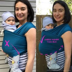 a woman holding a baby in a blue wrap with pink arrows pointing to the side