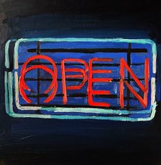 an open sign painted in red and blue on a black background with the word open above it