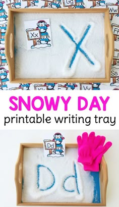 snowy day printable writing tray for kids to practice letter recognition and handwriting skills