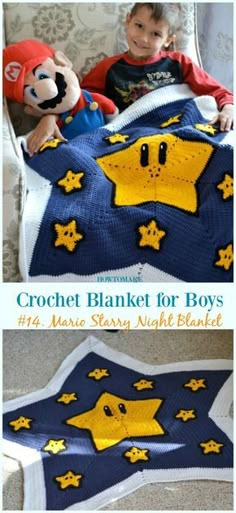 crochet blanket for boys with stars on it and a stuffed animal in the middle