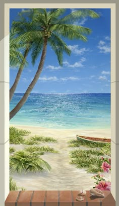 a painting of a beach scene with palm trees and the ocean in the background is an empty bench