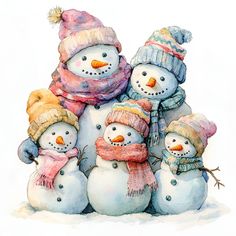 a group of snowmen standing next to each other wearing winter hats and scarves