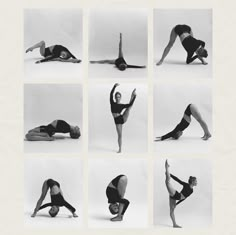 a woman doing yoga poses in multiple different positions, including the handstand and legs