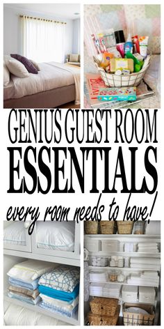 the words genius guest room essentials every room needs to have are in black and white