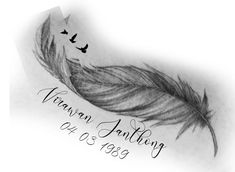 an ink drawing of a feather with the name veran anthony on it's back